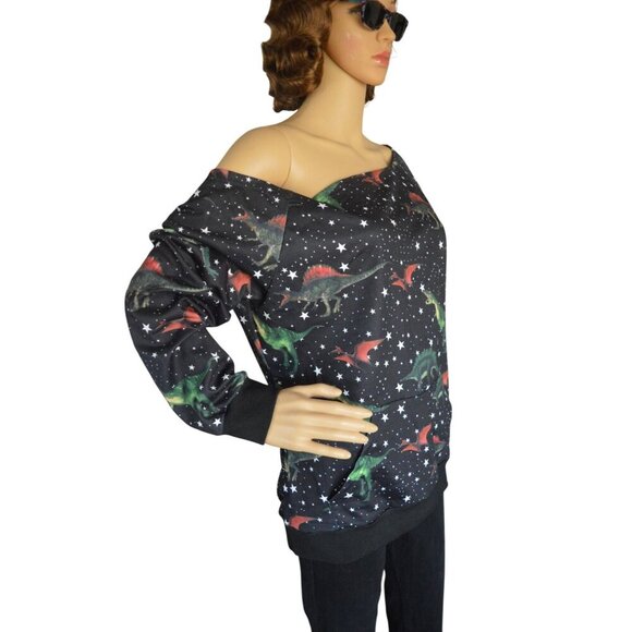 NWT Womens Dinosaur Off Shoulder Pullover Black Size XL Casual Kidcore Nerdy - Picture 2 of 6